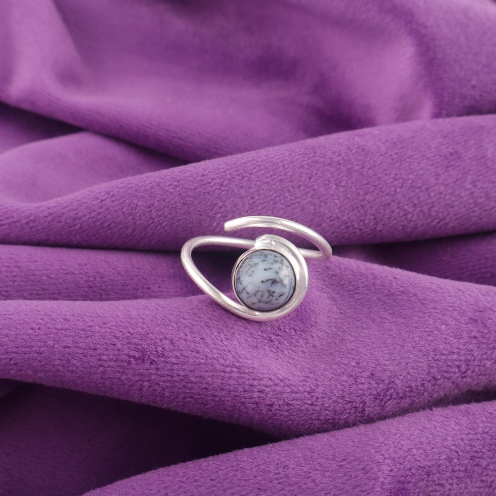 925 Silver Round Natural Dendrite Opal Promise Birthday Band Ring Size All Size
