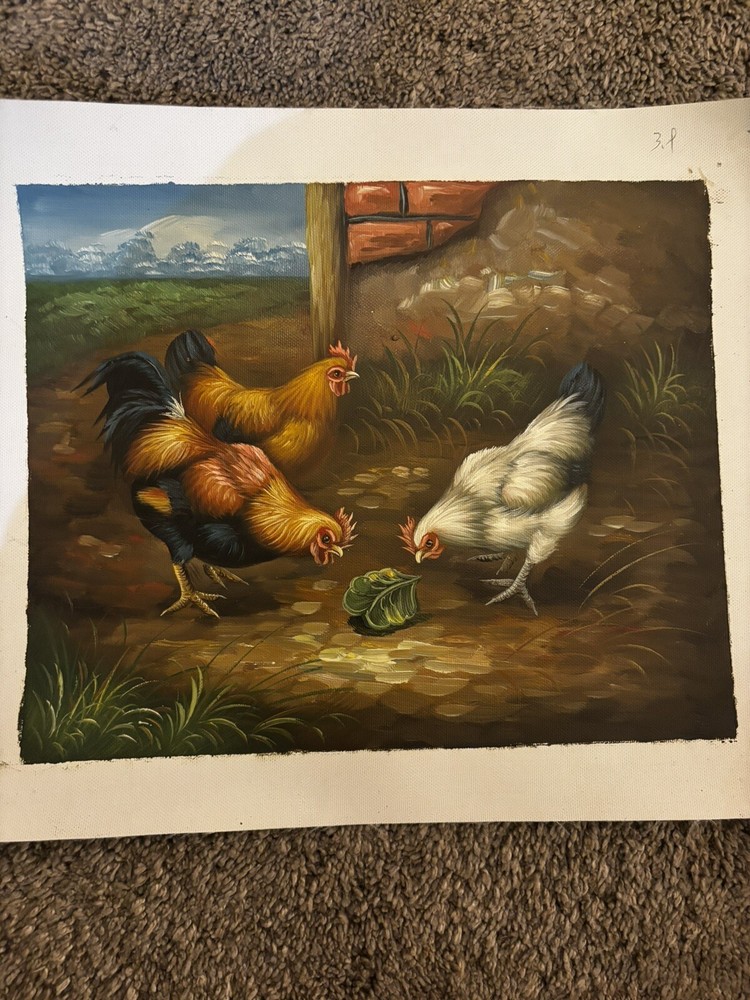 Chickens Bird Real Oil Painting On Canvas Background 9”x11”