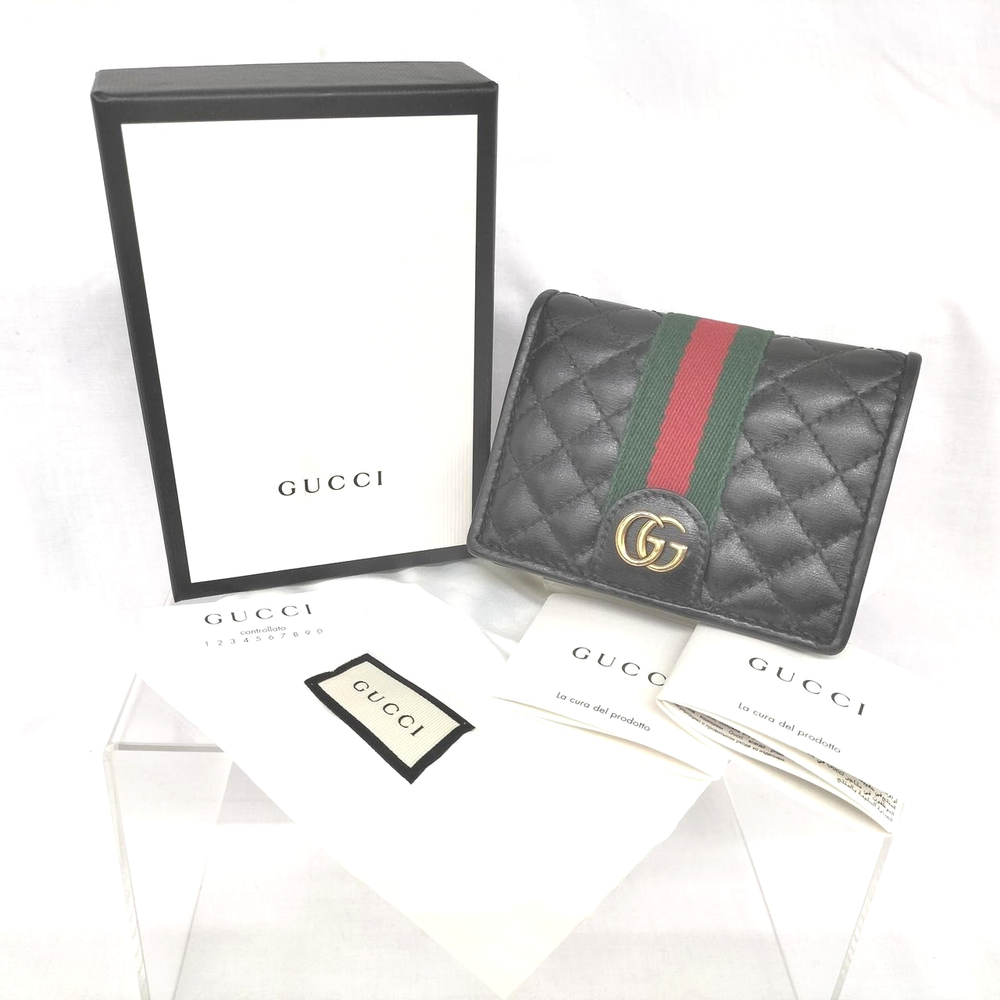 Gucci GG Web Stripe Quilted Leather Bifold Wallet Black with Box for Women