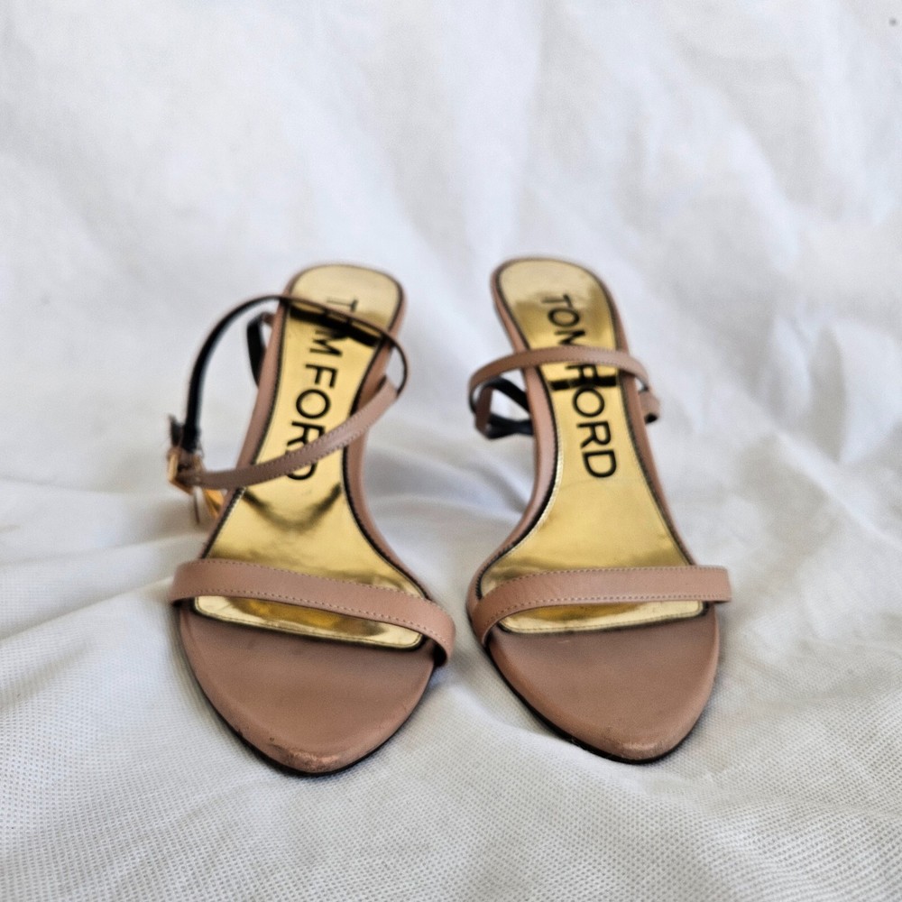 Tom Ford Nude Leather Lock Charm Sandal Heels, 40