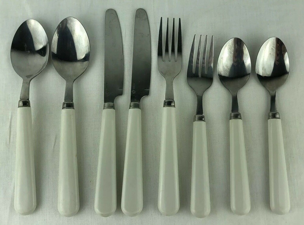 White Plastic Handle Stainless 8 pc Flatware Set Mixed Lot Taiwan Vintage