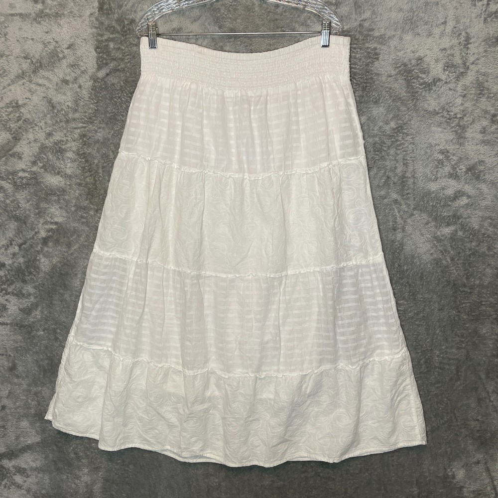 Sonoma Women Cottagecore Modest Boho Tiered Smocked Waist Midi Skirt L White