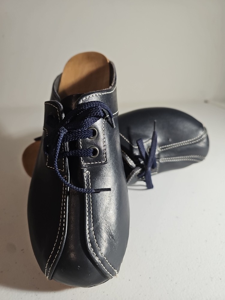 70s Leather Wood Clogs Womens Sz 8 Blue Mules Festival Vintage Hippie Shoe