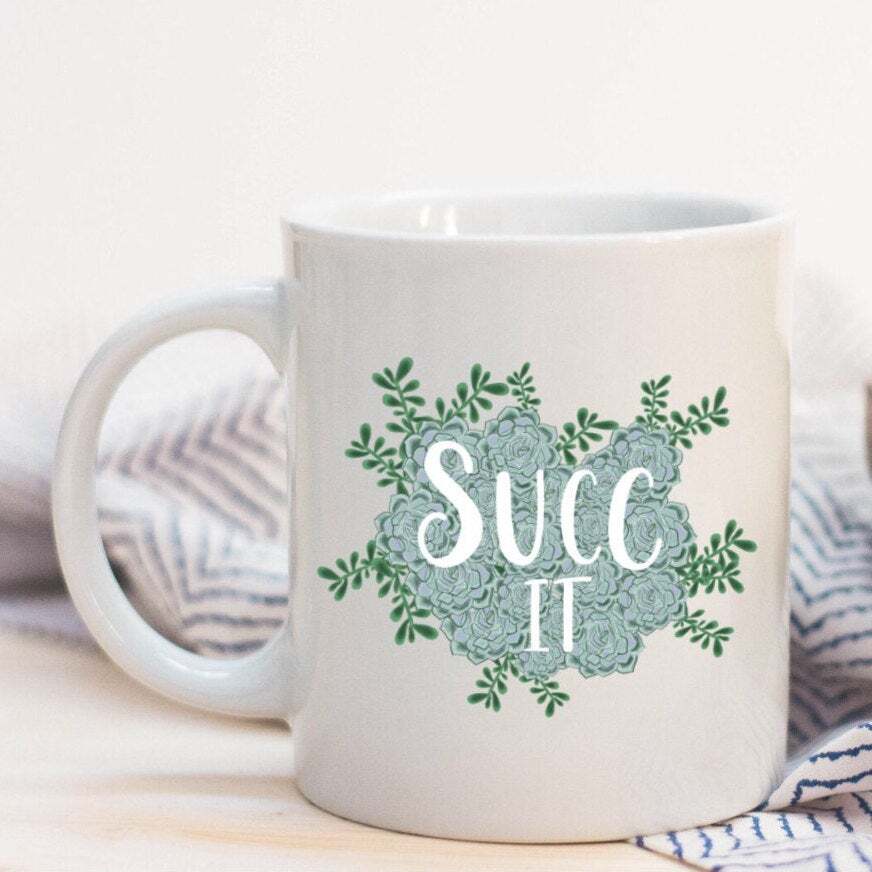 Succ It Succulent Plant Illustrated Ceramic Plastic Travel Coffee Mug Drink Cup