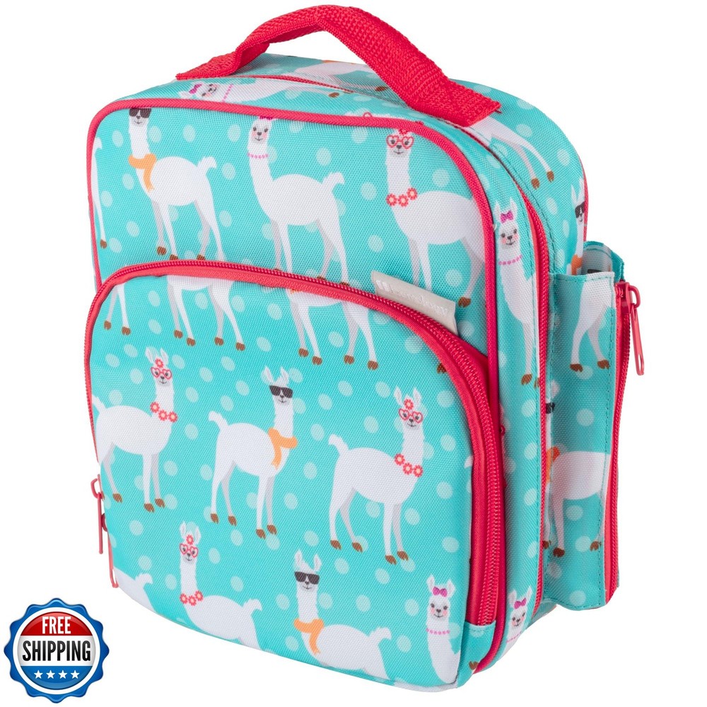 Insulated Kids Lunch Bag with Snack Pocket and Water Bottle Holder - Llama Design for Girls or Boys