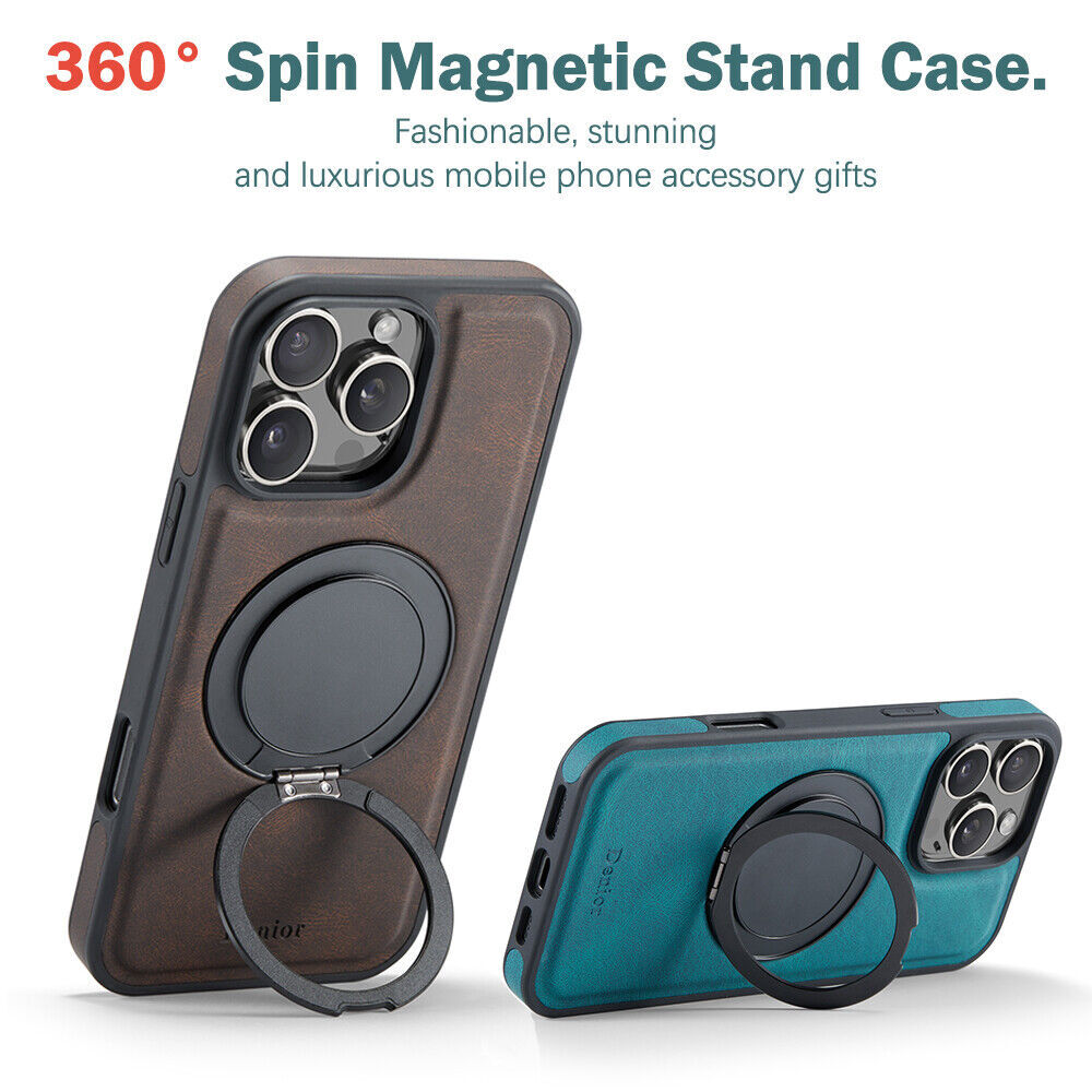 For iPhone 16 15 14 Luxury Case 360° Kickstand PU Leather Magnetic Ring Cover
