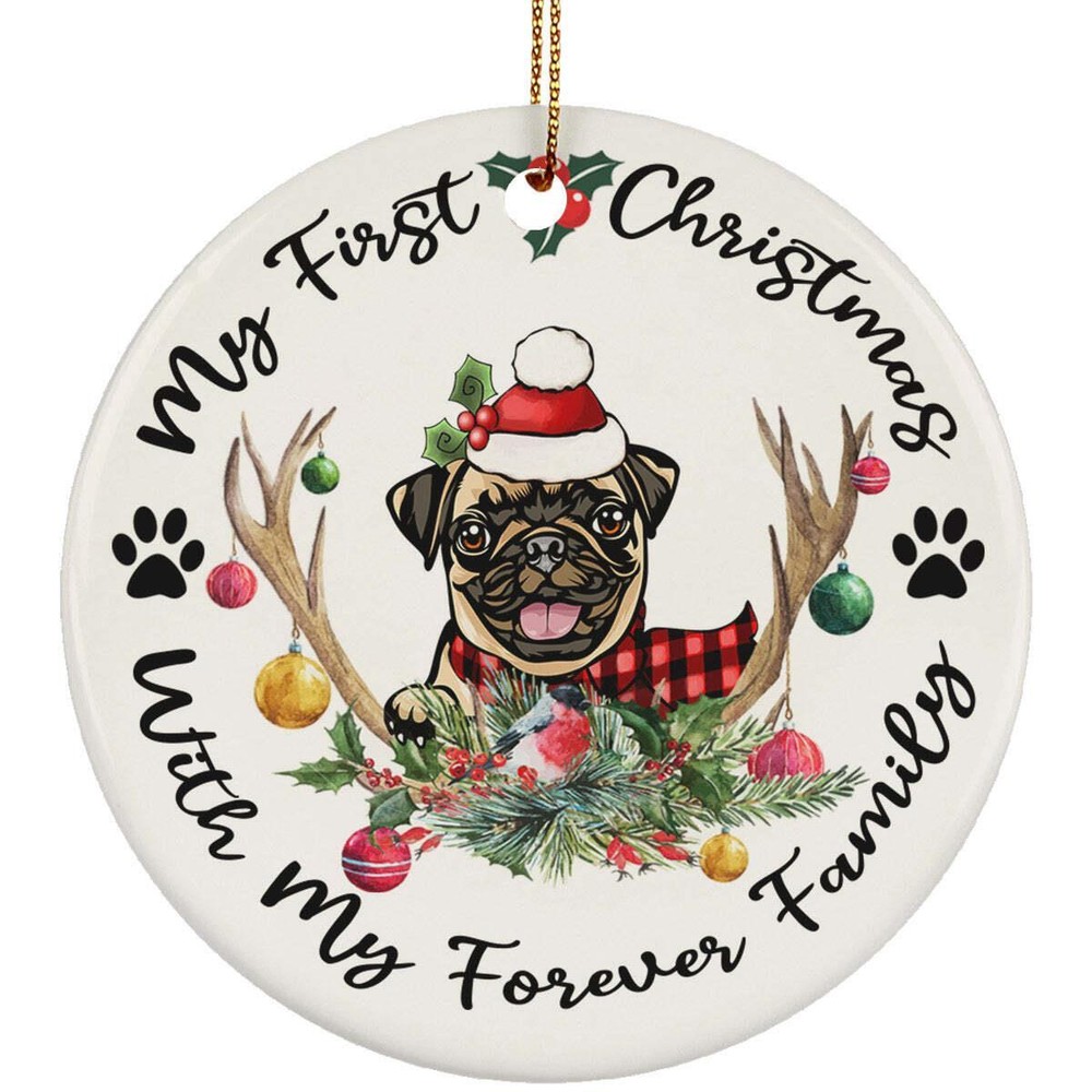 My First Christmas Pug Dog With Deer Anlters Ornament Gift Tree Decor Hanging