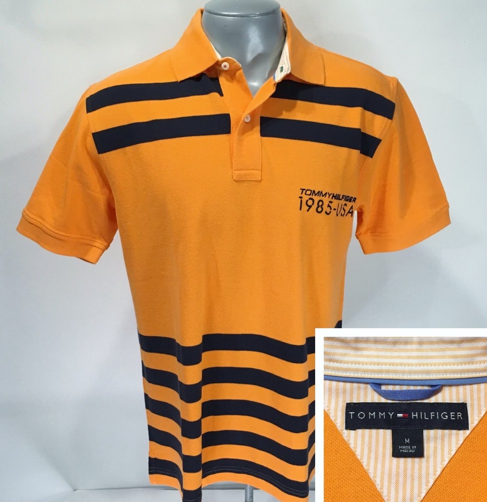 TOMMY HILFIGER M Medium Short Sleeve Polo Shirt Orange & Navy Stripe 1985 USA