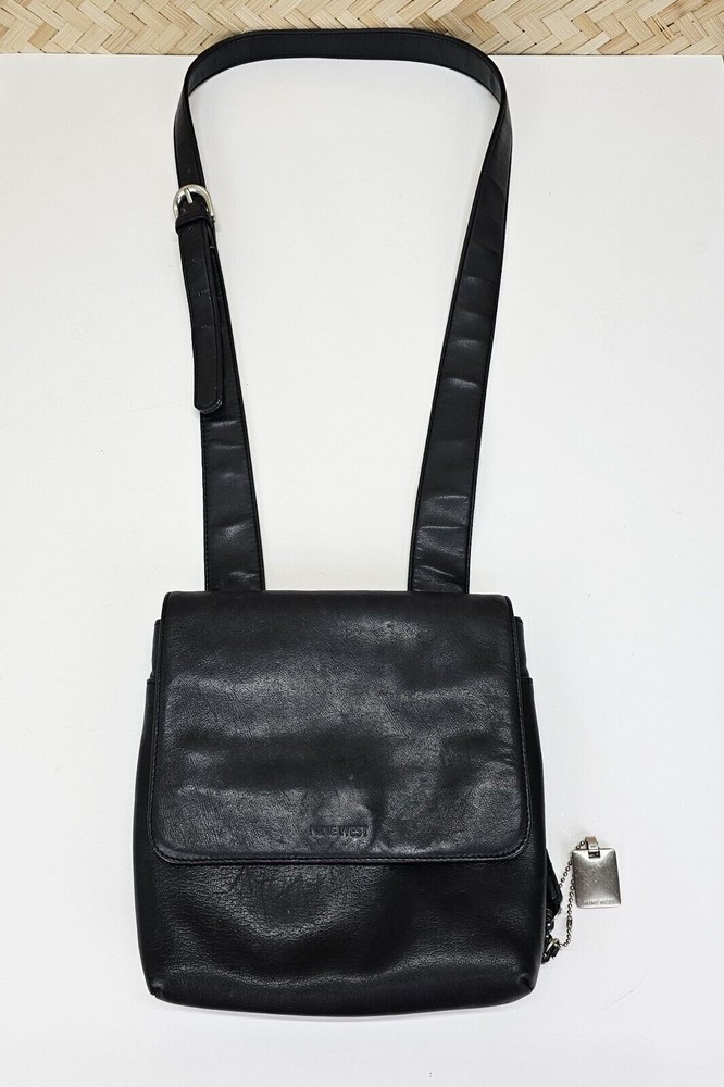 Vtg Black Genuine Supple Leather Nine West Crossbody Bag Purse Lots Pockets 90s
