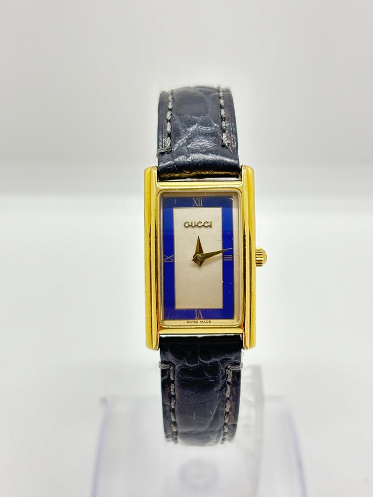 [Exc+5] GUCCI 2600L Gold Blue Rectangle Womens Watch Vintage Used Working F/S