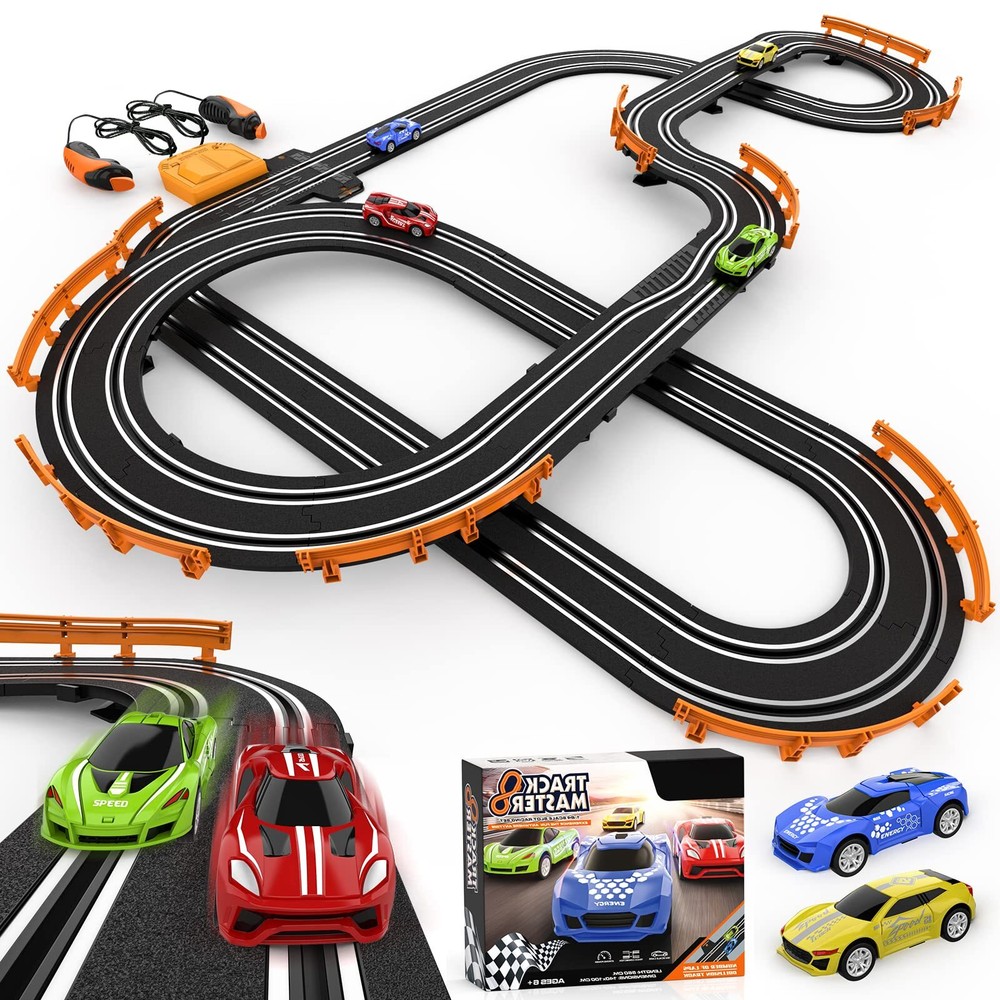 High-Speed Slot Car Race Track Set with 4 Cars – Battery or Electric Powered