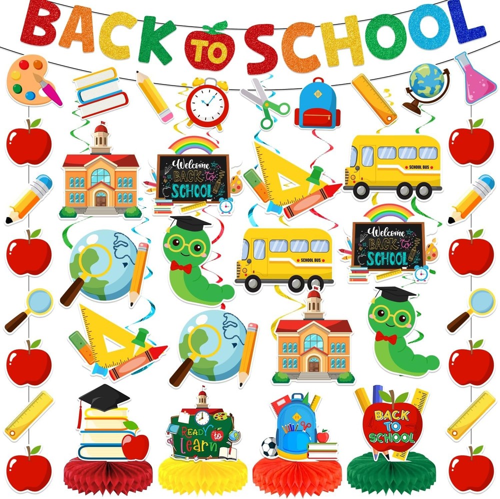 Colorful Back to School Hanging Banners with Swirls and Honeycomb Decor-image
