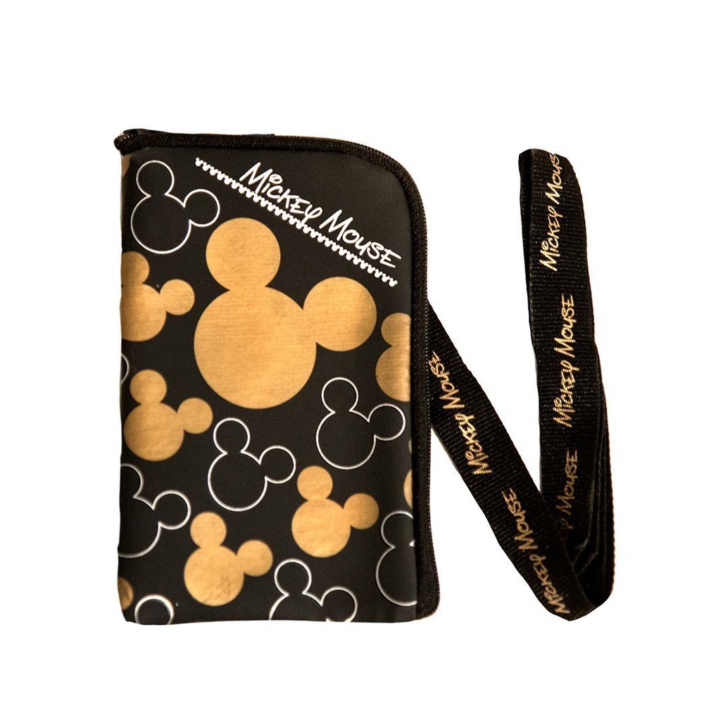 Disney Mickey Mouse Gold & Black Lanyard Zipper Wallet ID Pouch Fast Pass Holder