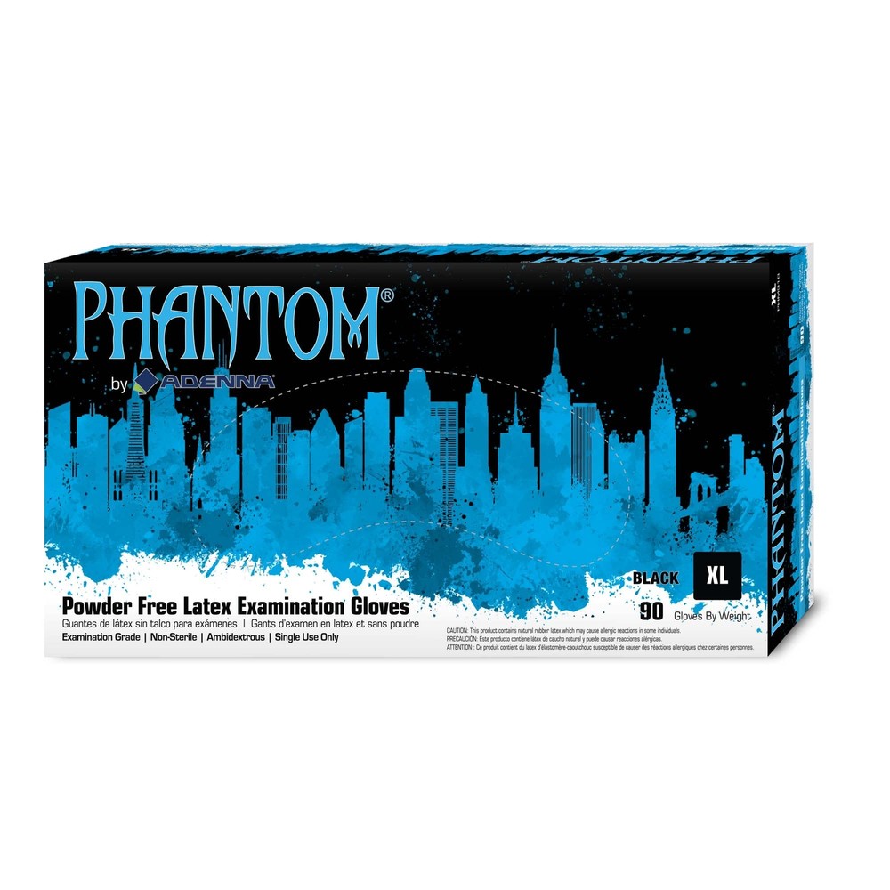PHM918 Phantom Latex Powder Free Exam Gloves, Black, X-Large, 6 Mil, Pack of 90