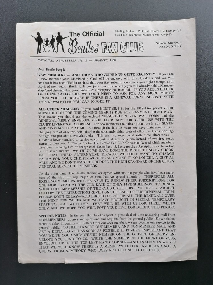 Original 1968 Summer Fan Club Letter from The Beatles