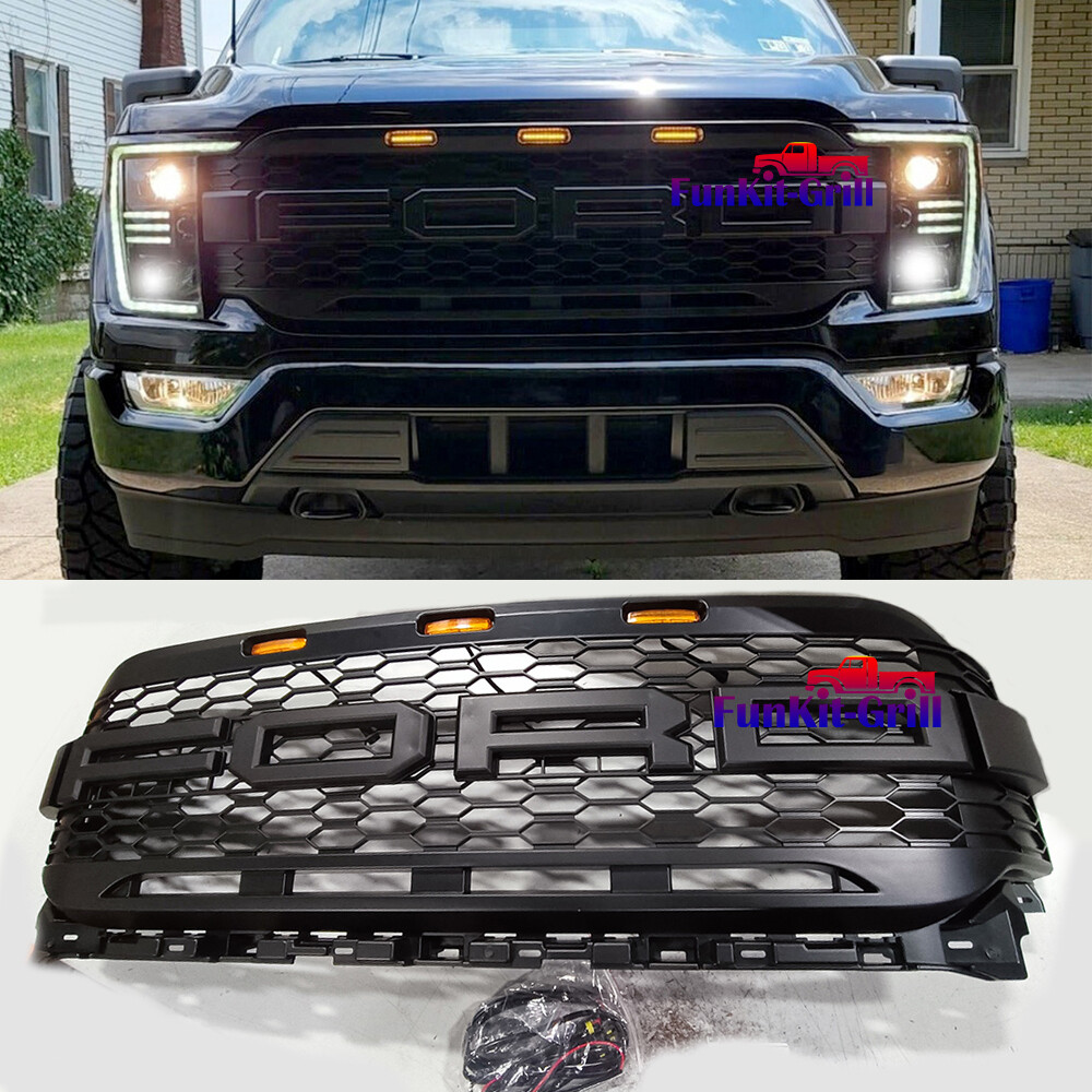 Grill For 2021-2023 Ford F150 Front Bumper Grille Grill Raptor Style W/LED Black