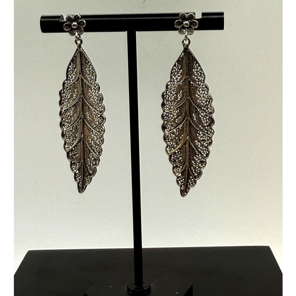 Portuguese Sterling Silver Filigree Leaf Earrings
