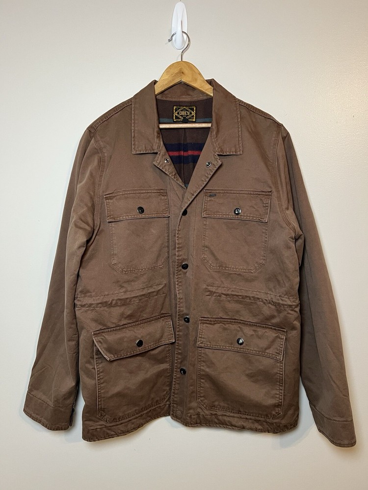 Vintage Obey Brown Snap-Up Collared Jacket with Flannel Liner Size XL