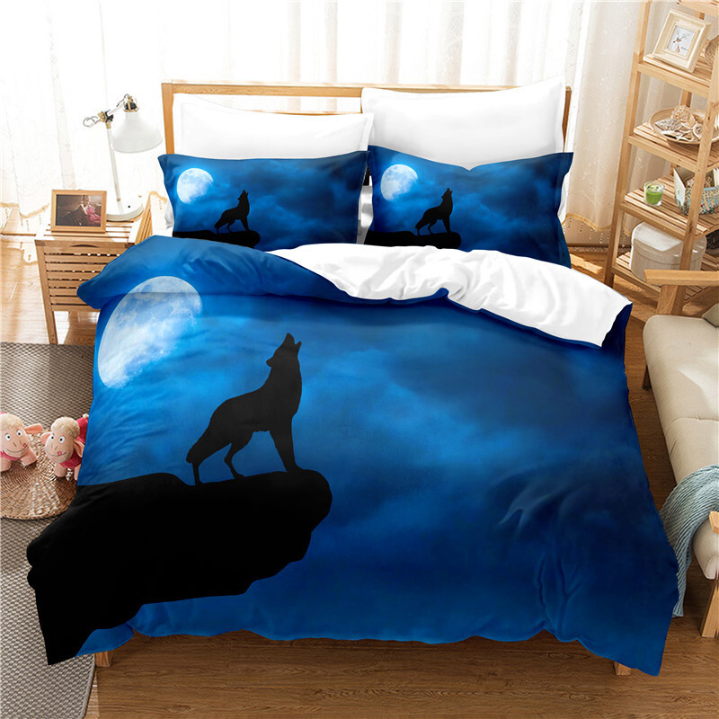 Moonlight Howling Wolf Blue Duvet Quilt Cover Queen King Bedding Set Pillowcase