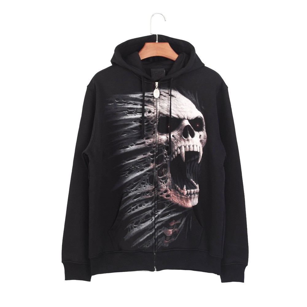 Skull Printed  Fleece Zipper Hoodie Black Unisex Coat (HD102, XL)