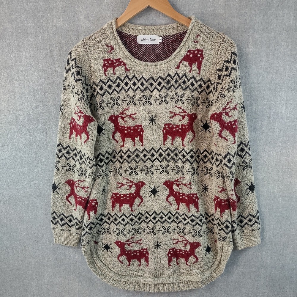 Womens Bohemian Sweater Small Icelandic Fair Isle Outdoor Cabin Reindeer Pullove
