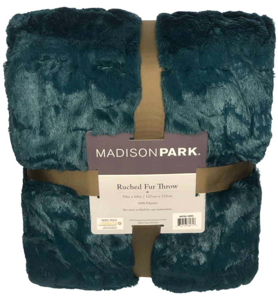 Madison Park 50x60 Teal Faux Fur Ruched Ultra Soft Throw Blanket