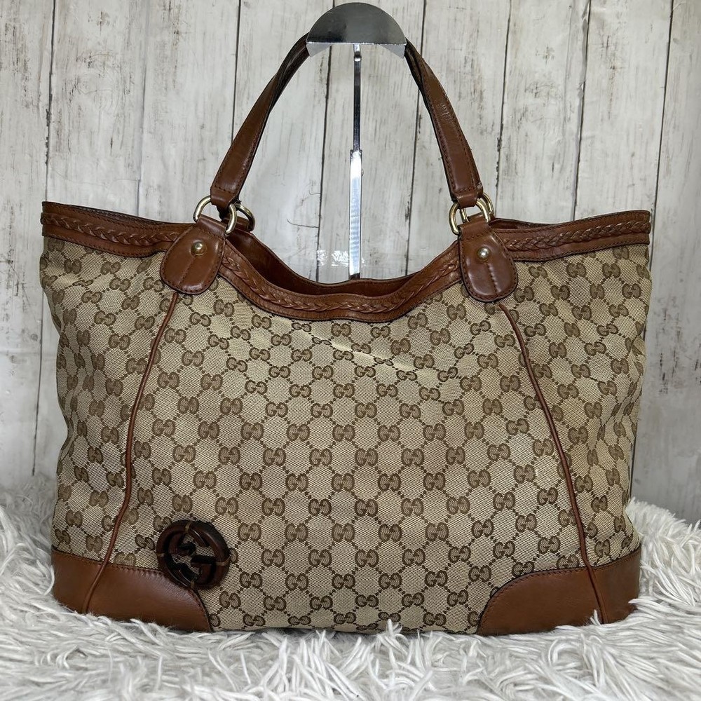Gucci GG Canvas Tote Bag with Wood Logo Authentic Designer Handbag