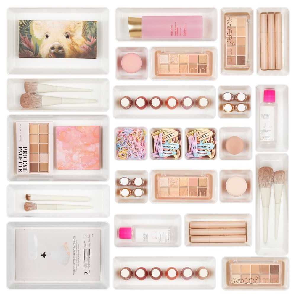 25 PCS Plastic Drawer Organizers Set 4-Size Versatile Bathroom and Vanity Dra...