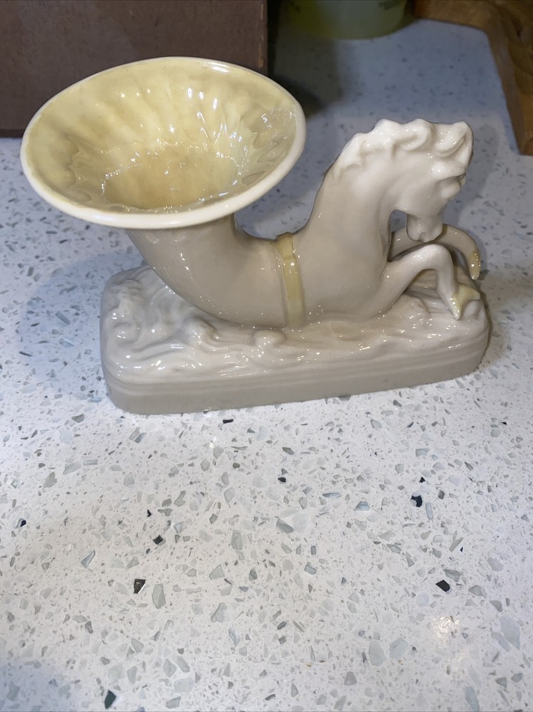Antique Green Mark Belleek Porcelain Seahorse Cornucopia Spill Vase