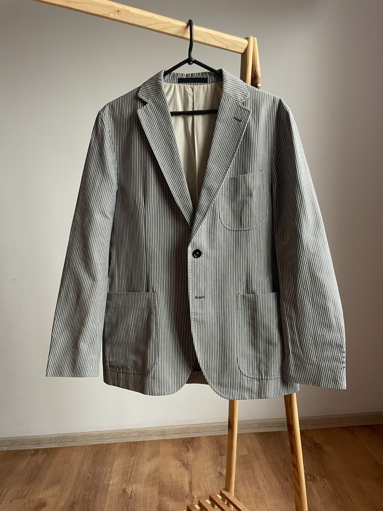 Paoloni Gray Striped Cotton Linen Blazer EUR 50 Half Lined