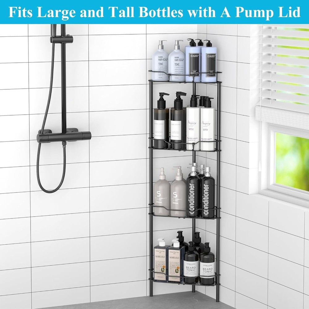 4 Tier Floor Standing Corner Shower Caddy Organizer Shelf with Hooks, Bathroom