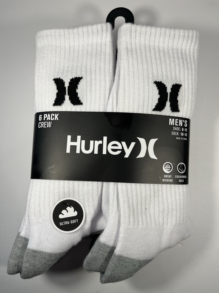 Hurley Men's White Cushioned Crew Socks 6-Pack Size 8-12