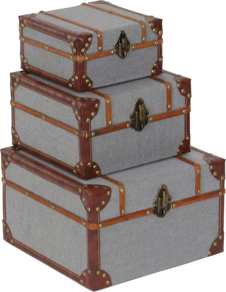 Deco 79 Gray 3-Piece Upholstered Wooden Decorative Storage Box Set