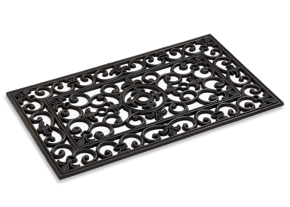 Black Wrought Iron Rectangular Rubber Scroll Doormat for Indoor and Outdoor Entrances