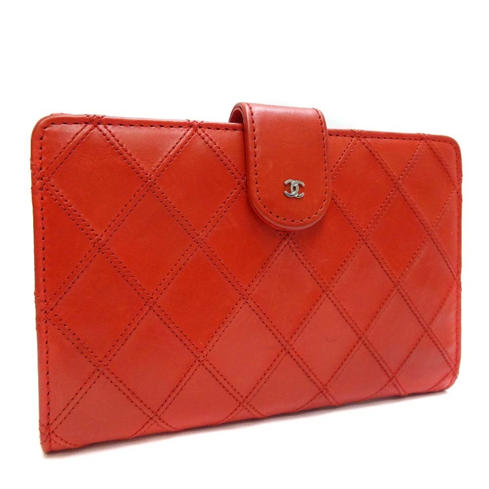 Chanel Bicolor Double Stitch Bi-Fold Wallet in Red Leather with Silver Hardware