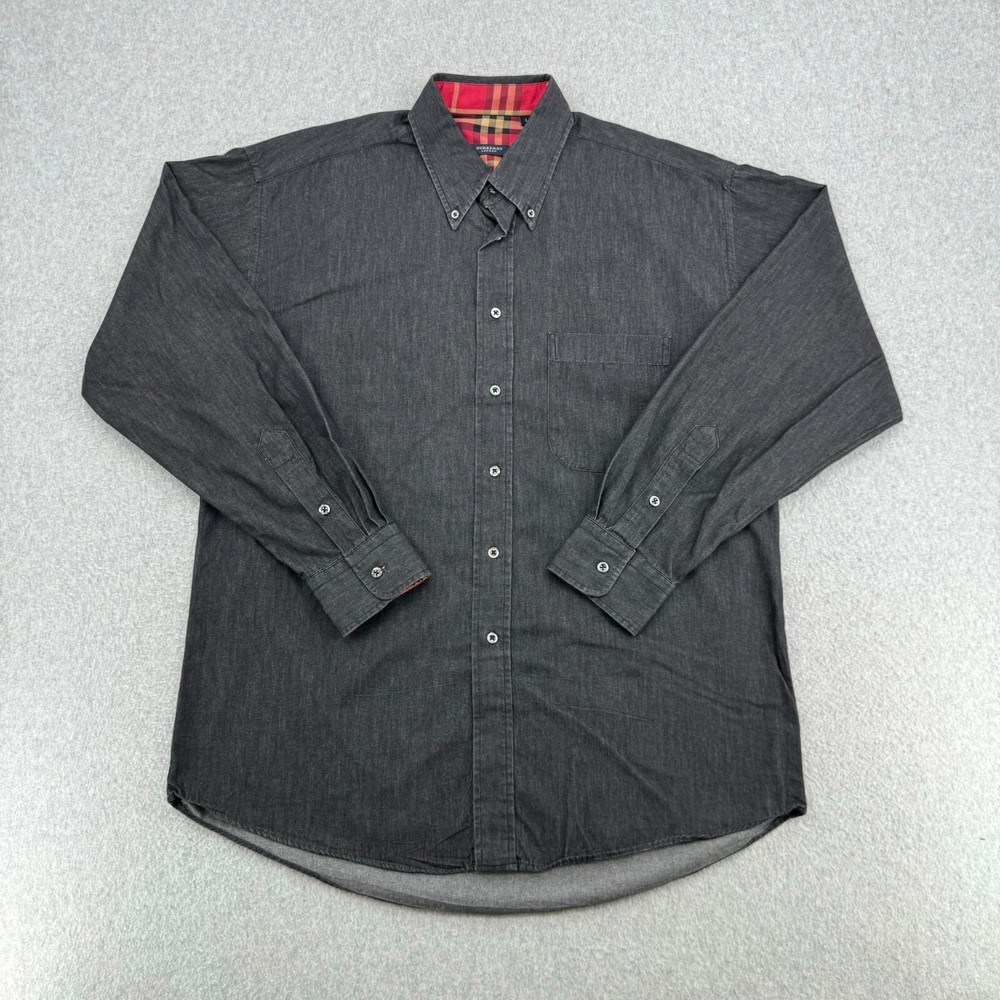 Burberry London Shirt Adult Large Charcoal Gray Button Down Nova Plaid Trim Mens