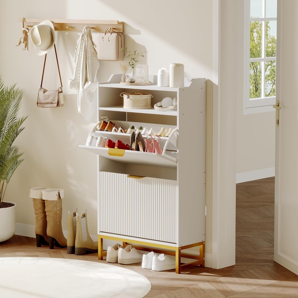 Modern Fluted Shoe Cabinet with 2 Flip Drawers and Open Shelf, Freestanding Storage