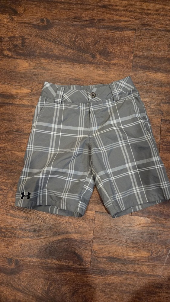 Under Armour Boys YSM Gray Plaid Golf Shorts Performance Activewear Adj Waist