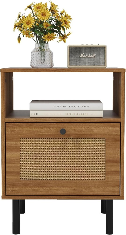 Boho Rattan Nightstand with Walnut Drawer Bedside Table