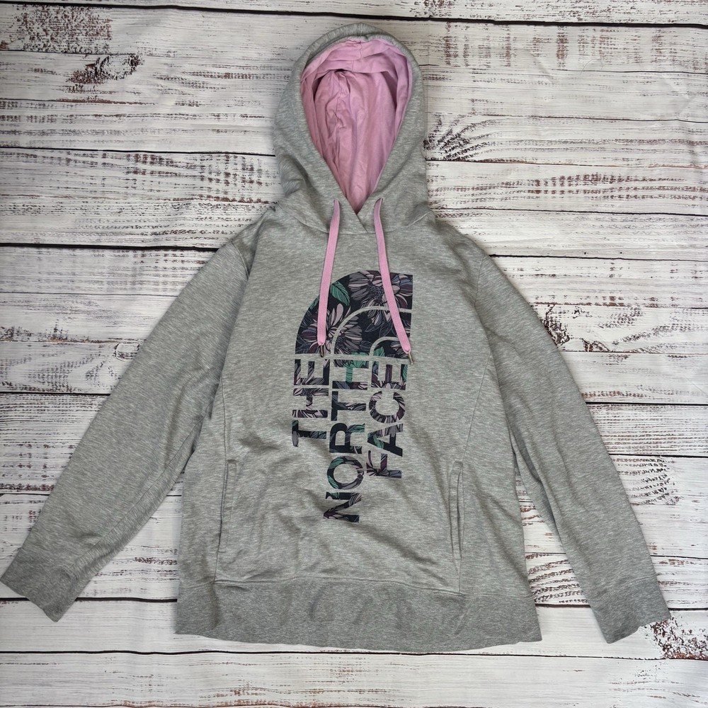 North Face Womens XL Gray Pink Floral Logo Hoodie Pullover Sweatshirt