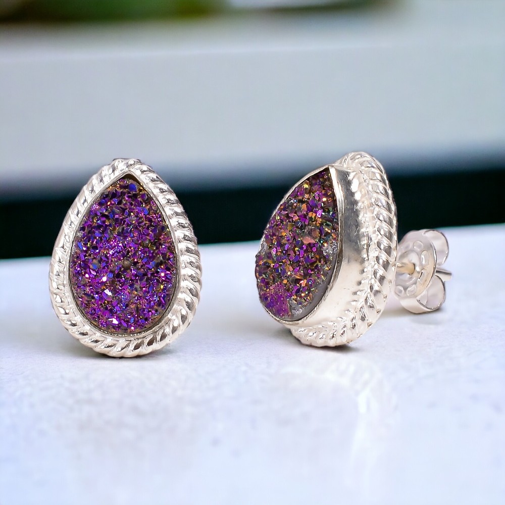 Natural Titanium Druzy Gemstone 925 Silver Stud Minimalist Earrings For Women