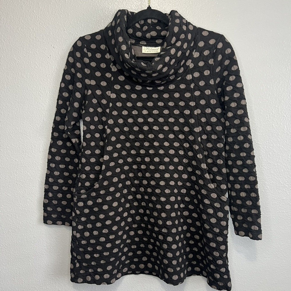 Komil Women's Small Tunic Top Honeycomb Cowl Neck Black Gray Long Sleeve Pockets