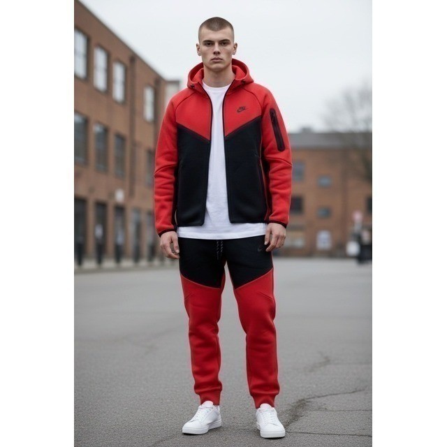 Nike Tech Tracksuit Full Set Red Black Full Zip Hoodie Jogger Pants Mens (3XL)