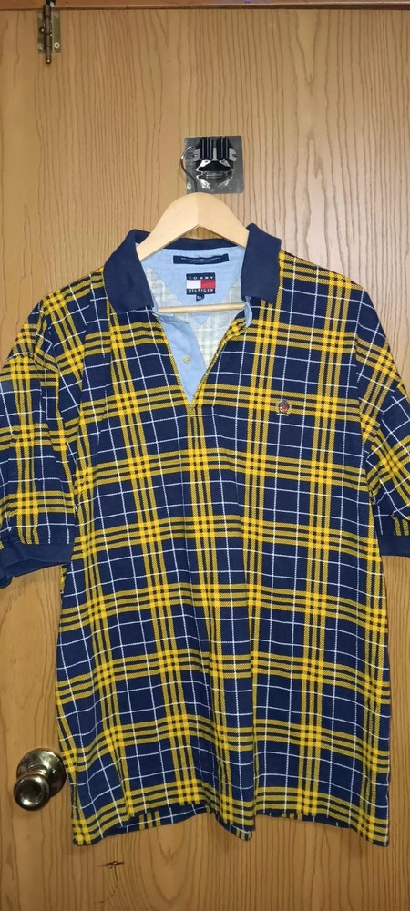 Vintage Tommy Hilfiger Mens Polo Short Sleeve Shirt Size XL Yellow And Navy Blue