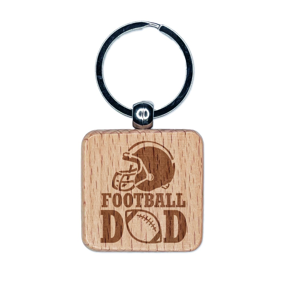 Football Dad Helmet Engraved Wood Square Keychain Tag Charm