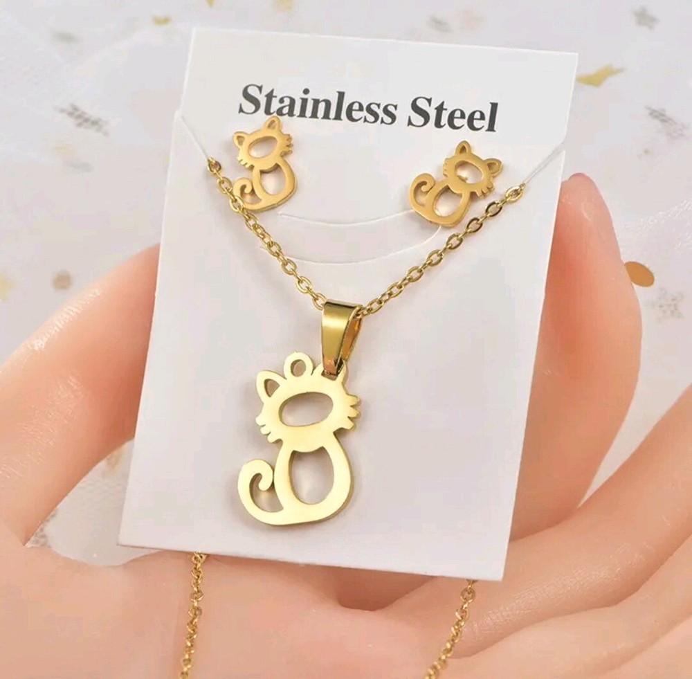 Gold Plated Stainless Steel Heart Necklace & Earrings Set