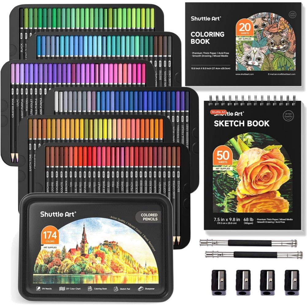 Colored Pencil Set 174 Colors with Sketch Pad Coloring Book Sharpener for Art...