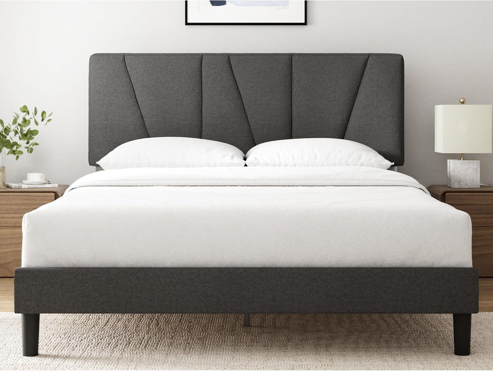 Maya Upholstered Bed Frame with Asymmetric Headboard & Wooden Slats – Durable & Stylish-image