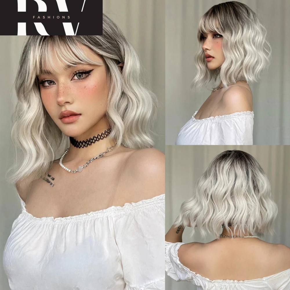Ombre Blonde Short Wavy Cosplay Lolita Light Platinum Bob Wigs for Women Hair