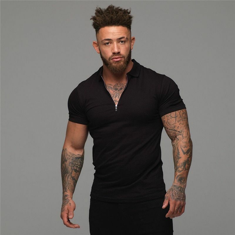 Mens T Shirts Casual Fashion Gym Fitness Short Sleeve Zip Muscle Guy Polo Shirt